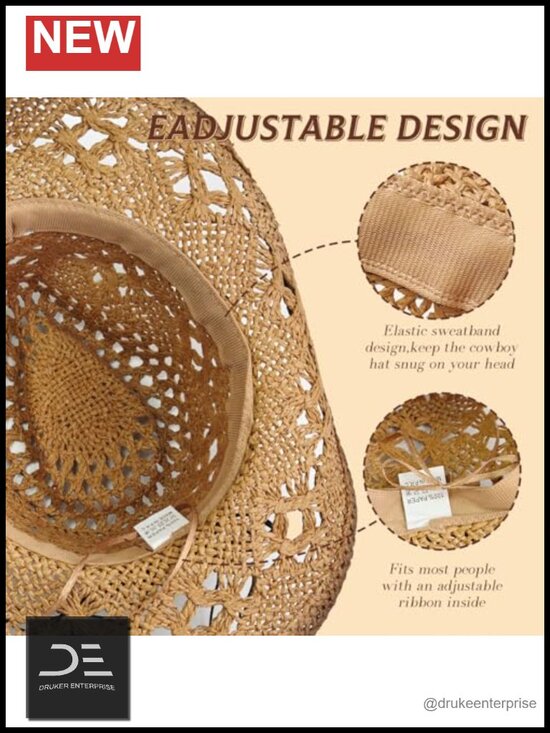 Straw Cowboy Hat Cowgirl Woven Sun Hat Western Shapeable Brim main image 2